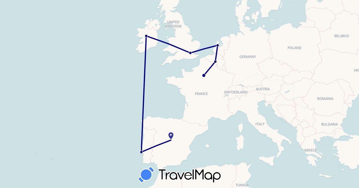 TravelMap itinerary: driving in Belgium, Spain, France, United Kingdom, Ireland, Netherlands, Portugal (Europe)